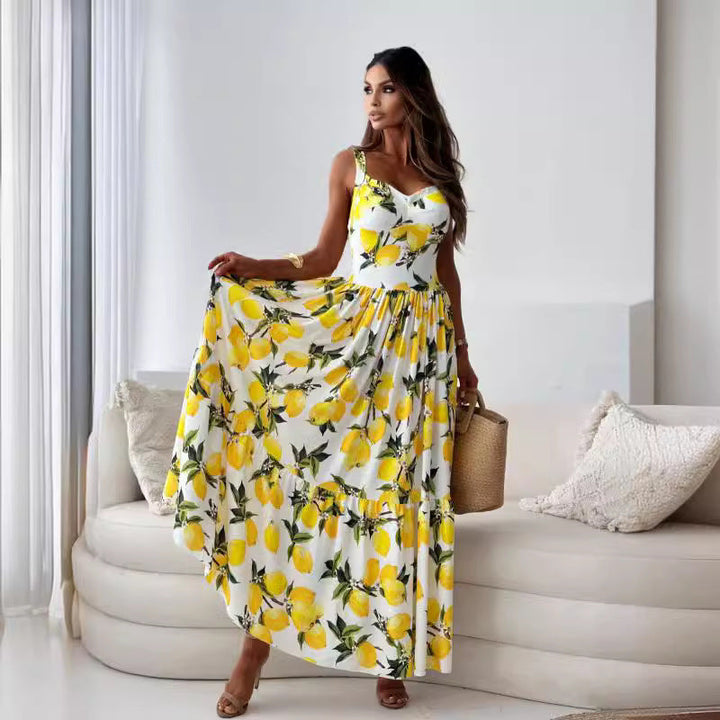 CERELIA - VESTIDO LARGO ELEGANTE CON ESTAMPADO DE LIMÓN