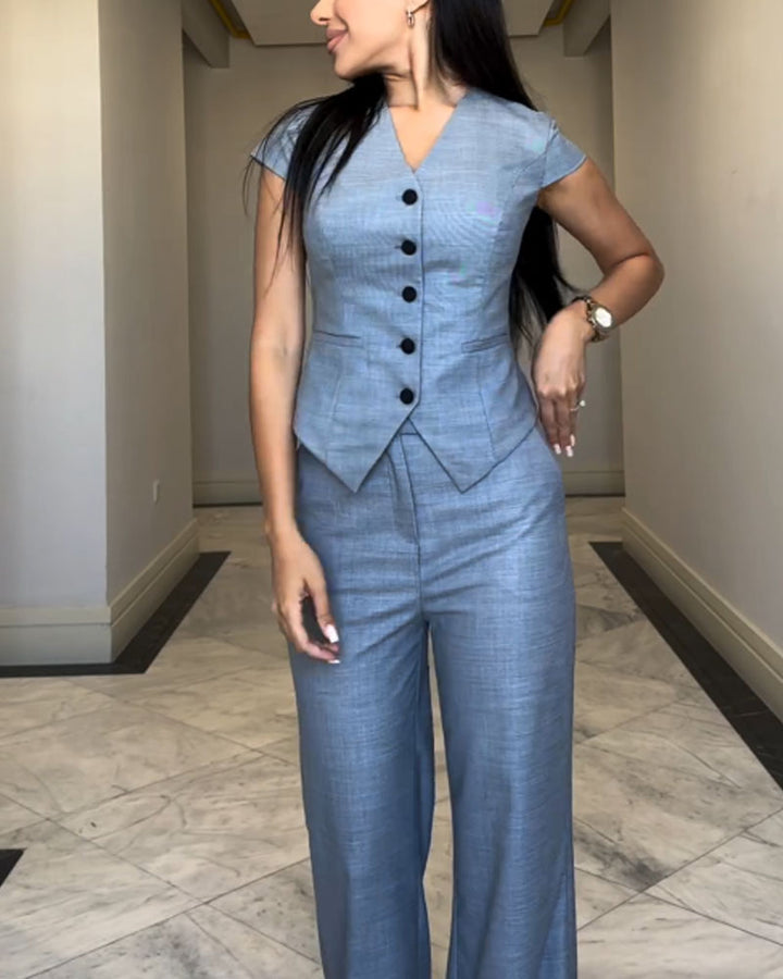 VERIA - CONJUNTO DE BLUSA DE ESCOTE EN V Y PANTALONES