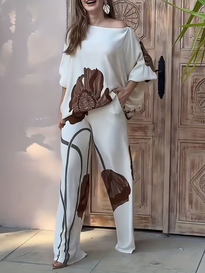 VEGA - CONJUNTO DE BLUSA FLORAL CON HOMBROS DESCUBIERTOS Y PANTALONES
