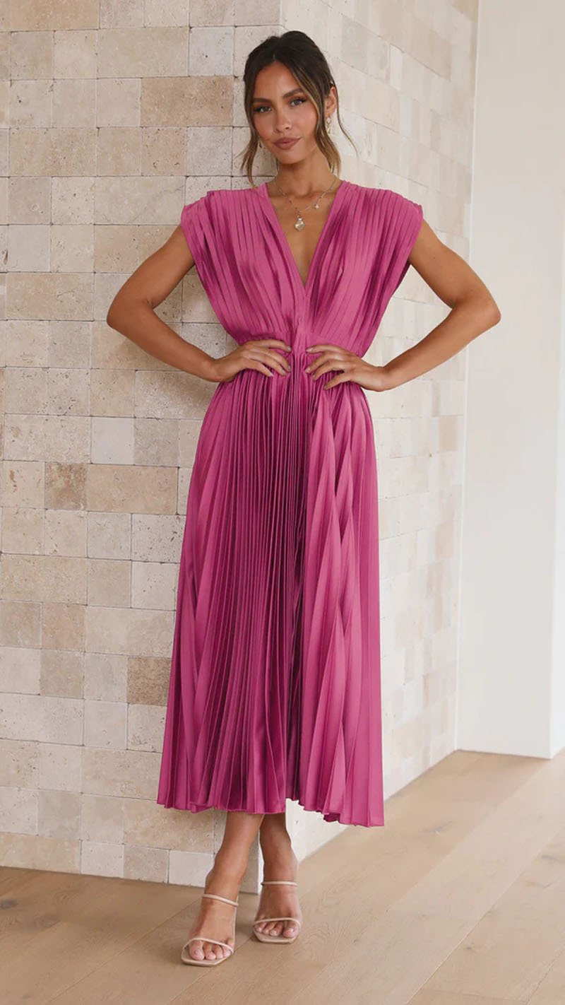 MADISYN - VESTIDO CON FALDA PLISADA Y ESCOTE EN V FLUIDO