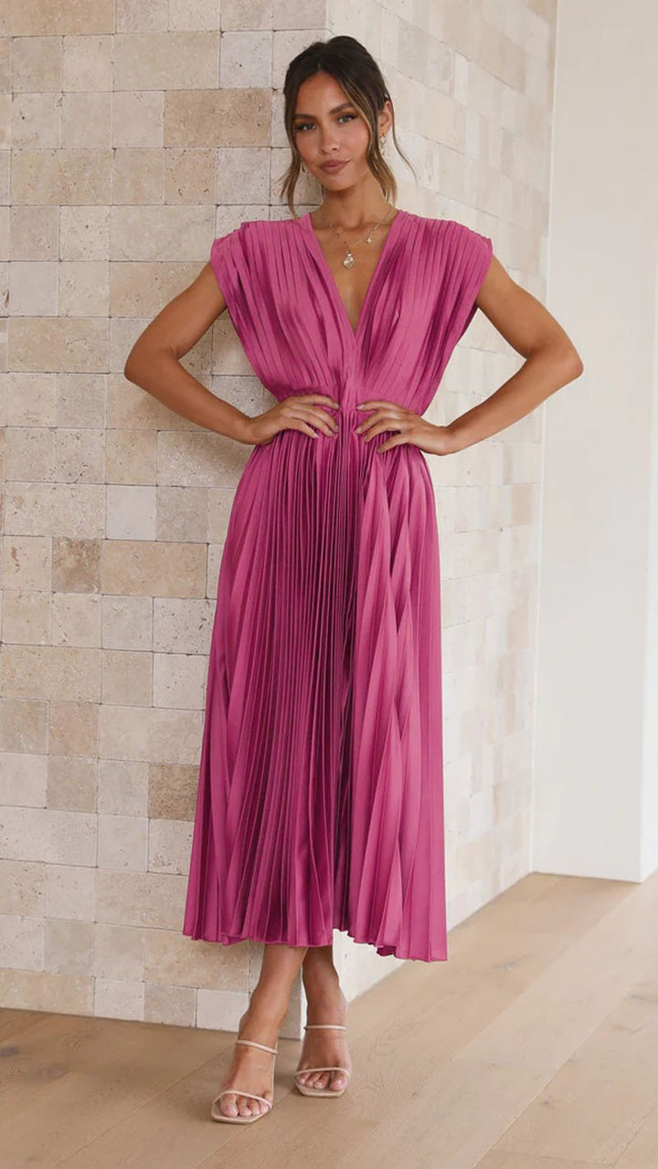 MADISYN - VESTIDO CON FALDA PLISADA Y ESCOTE EN V FLUIDO