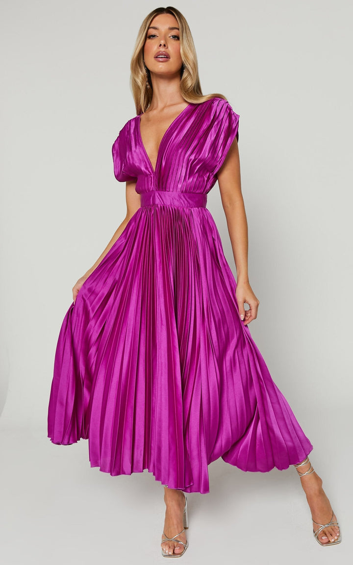 MADISYN - VESTIDO CON FALDA PLISADA Y ESCOTE EN V FLUIDO