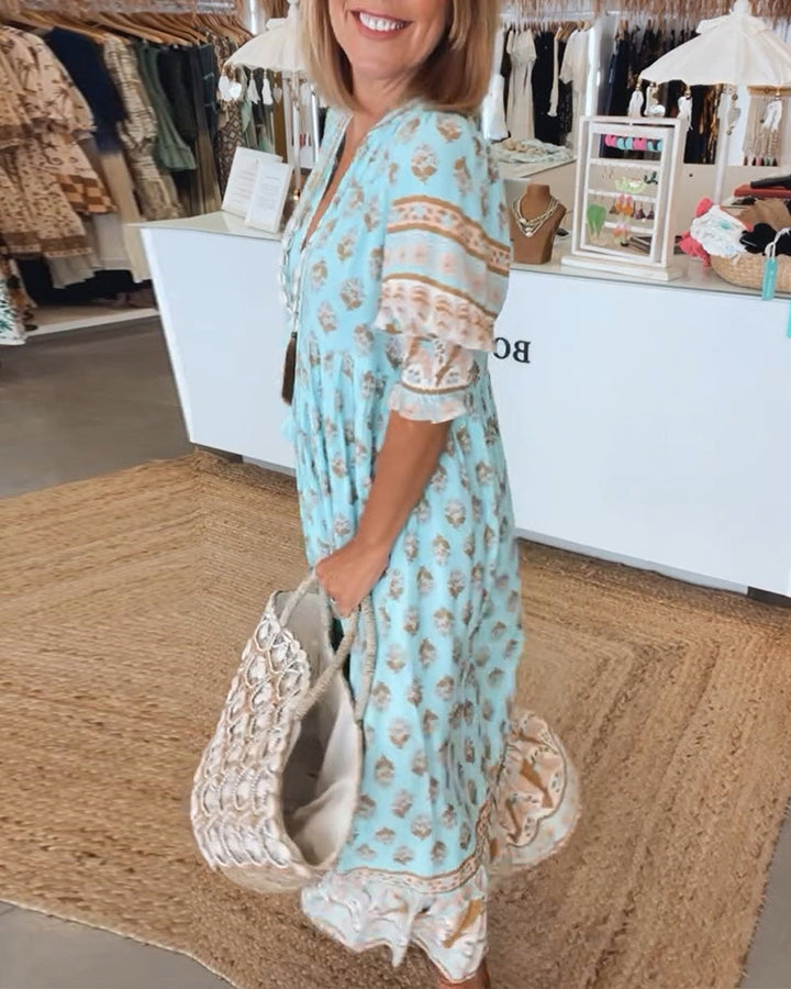 Miya - Vestido Casual con Estampado, Cuello en V y Manga Corta