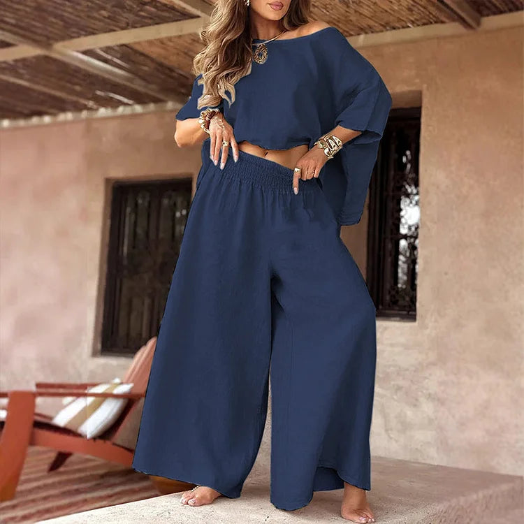 CARLEIGH - CONJUNTO CHIC DE BLUSA HOMBROS DESCUBIERTOS Y PANTALONES