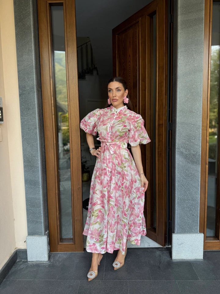 WINONA - VESTIDO MAXI BOHO CON CINTURÓN Y MANGAS