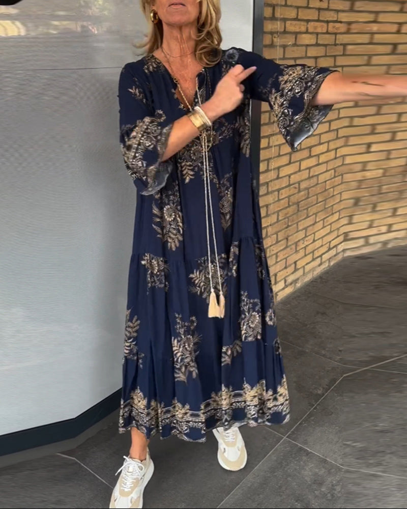 TATIANA - VESTIDO MAXI FLORAL AZUL MARINO CON ESCOTE EN V