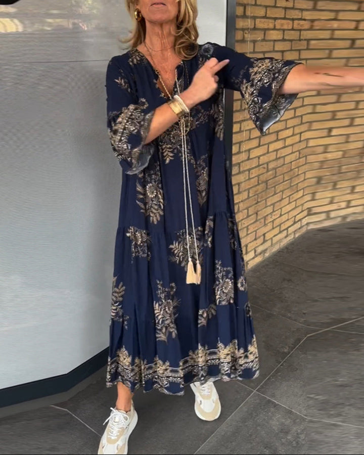 TATIANA - VESTIDO MAXI FLORAL AZUL MARINO CON ESCOTE EN V