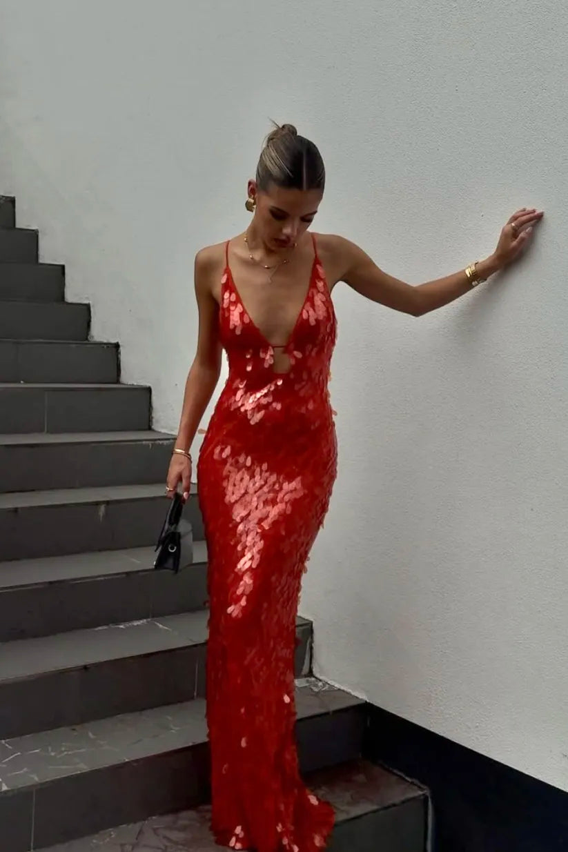 Kalea - Vestido de Tirantes con Lentejuelas Brillantes y Espalda Descubierta