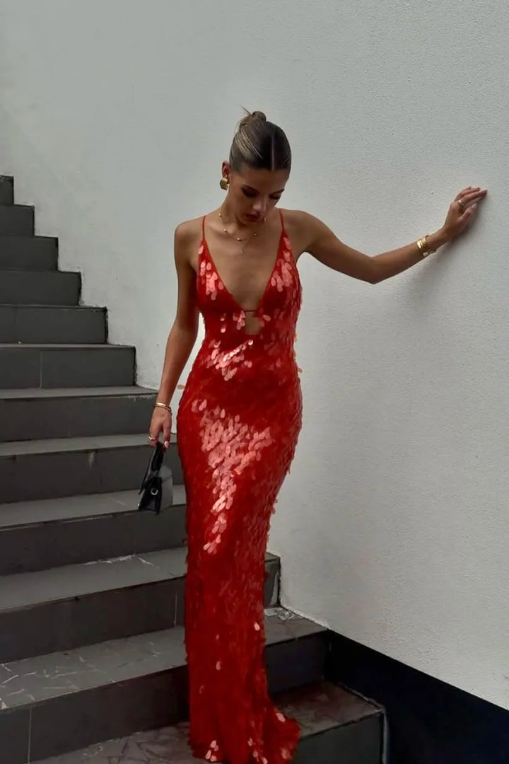 Kalea - Vestido de Tirantes con Lentejuelas Brillantes y Espalda Descubierta