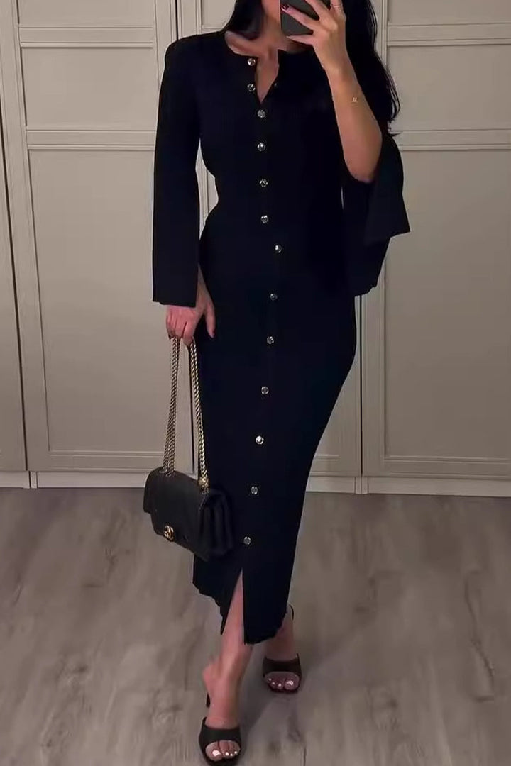 VESTIDO MICH - CHIC CON HEBILLA, CUELLO REDONDO Y MANGA LARGA