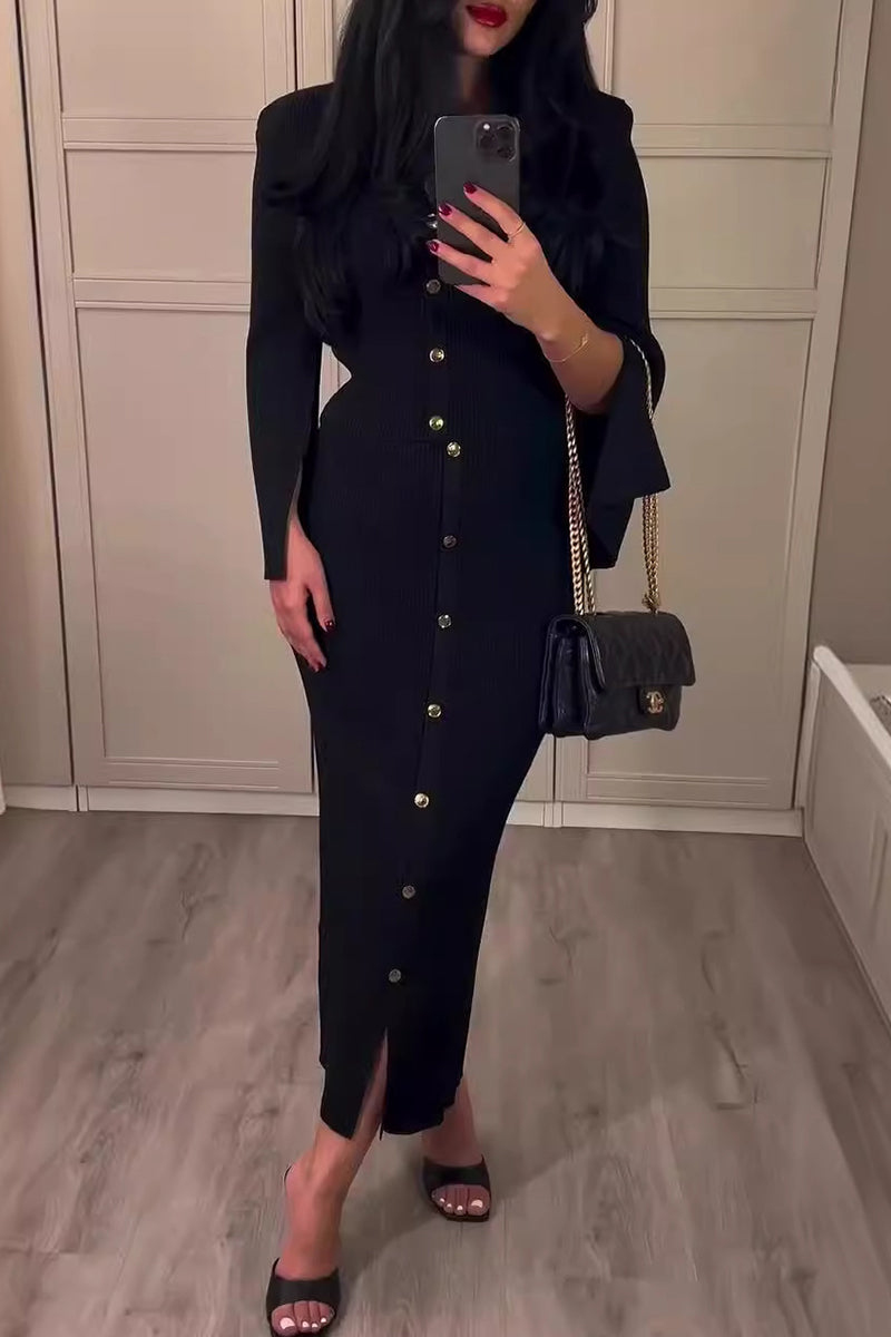VESTIDO MICH - CHIC CON HEBILLA, CUELLO REDONDO Y MANGA LARGA