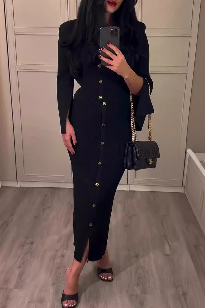 VESTIDO MICH - CHIC CON HEBILLA, CUELLO REDONDO Y MANGA LARGA