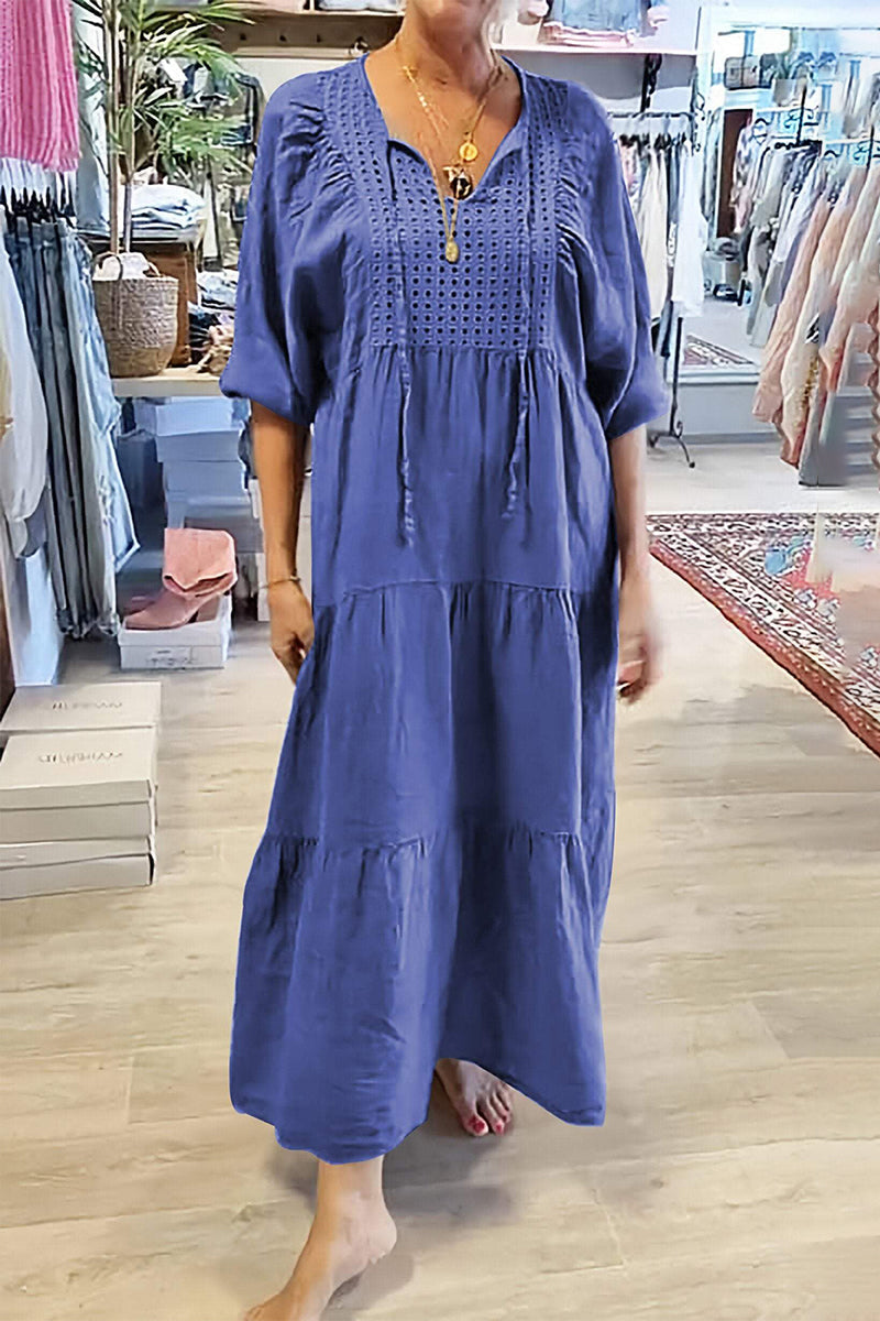 CELY - VESTIDO CASUAL DE LÍNEA A CON ESCOTE EN V Y CORDONES