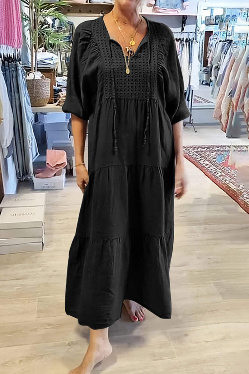 CELY - VESTIDO CASUAL DE LÍNEA A CON ESCOTE EN V Y CORDONES