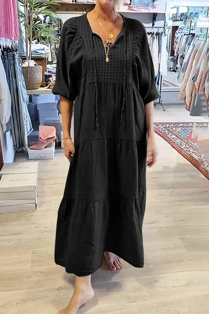 CELY - VESTIDO CASUAL DE LÍNEA A CON ESCOTE EN V Y CORDONES