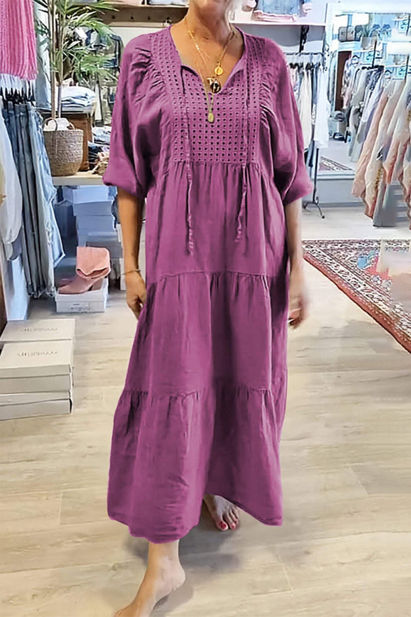 CELY - VESTIDO CASUAL DE LÍNEA A CON ESCOTE EN V Y CORDONES