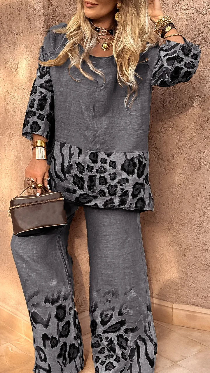 DARCY - CONJUNTO CASUAL DE ALGODÓN Y LINO CON ESTAMPADO DE LEOPARDO
