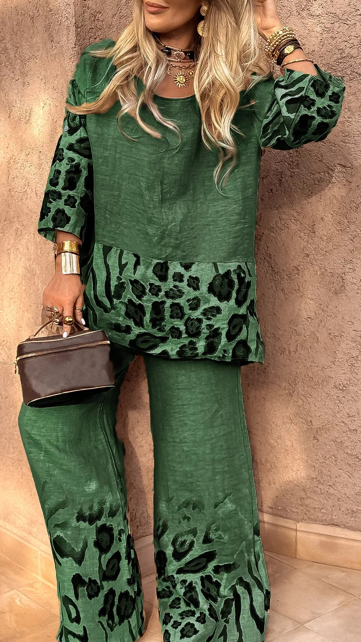 DARCY - CONJUNTO CASUAL DE ALGODÓN Y LINO CON ESTAMPADO DE LEOPARDO