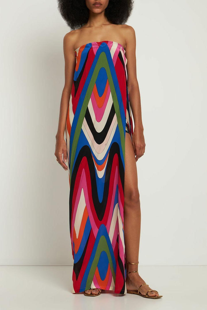 MARLEIGH - VESTIDO MAXI SIN TIRANTES CON ESTAMPADO Y ABERTURA