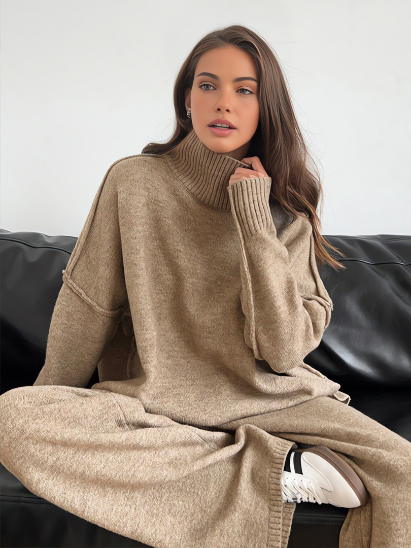 LAURIE - CONJUNTO DE SUÉTER DE CUELLO ALTO LISO Y PANTALONES