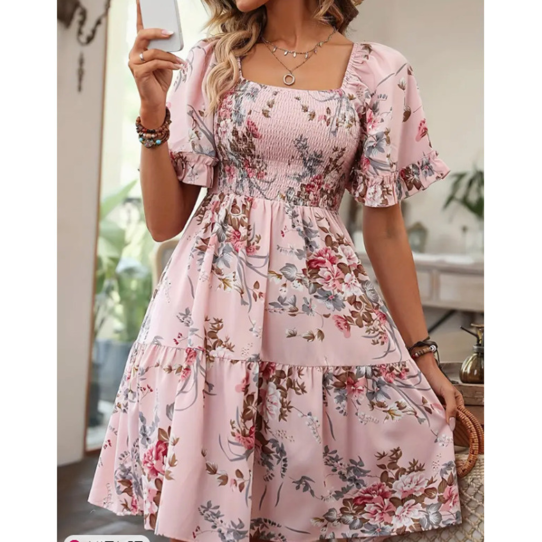 SALVACION – VESTIDO CLÁSICO CON MANGAS ACAMPANADAS Y ESTAMPADO FLORAL