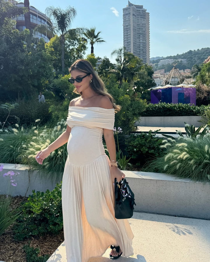 CALARA - VESTIDO MAXI MATERNAL FLUIDO CON HOMBROS DESCUBIERTOS
