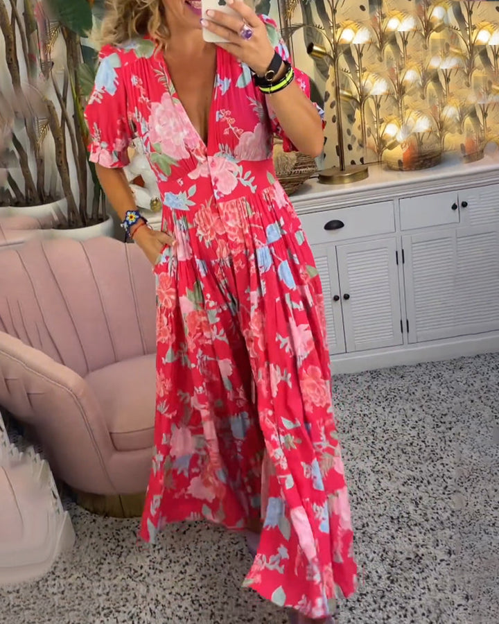 Catrisa™ - Vestido con Bolsillo y Escote en V con Estampado Floral