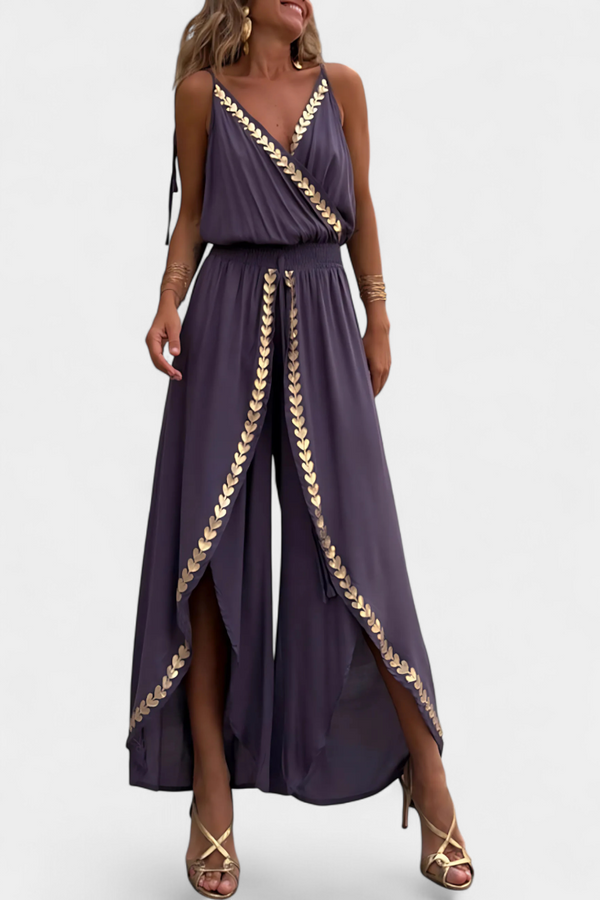 DONELLA - MONO ELEGANTE DE PIERNA ANCHA CON ESCOTE EN V Y BORDADO