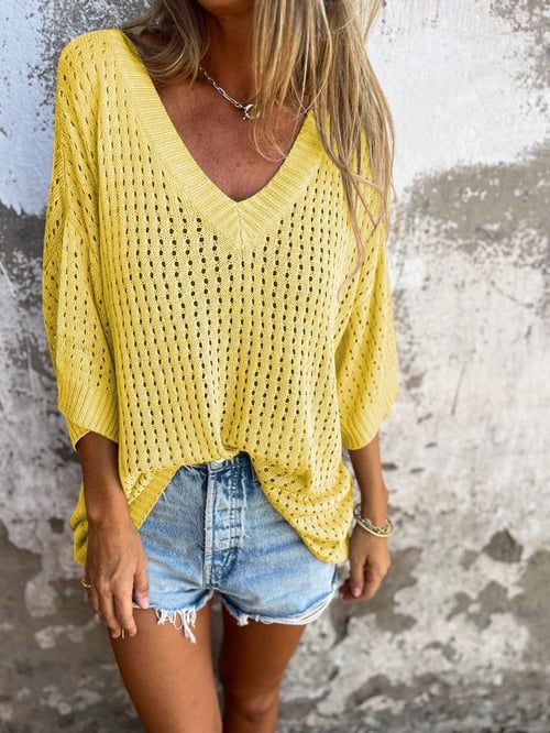 SUE - BLUSA DE PUNTO CON ESCOTE EN V Y DETALLES CALADOS