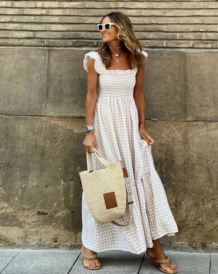 JULIEVEGA - VESTIDO LARGO CON MANGAS VOLANTES Y CUADROS