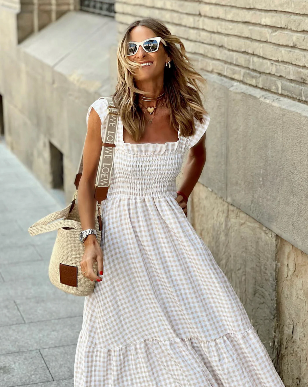 JULIEVEGA - VESTIDO LARGO CON MANGAS VOLANTES Y CUADROS