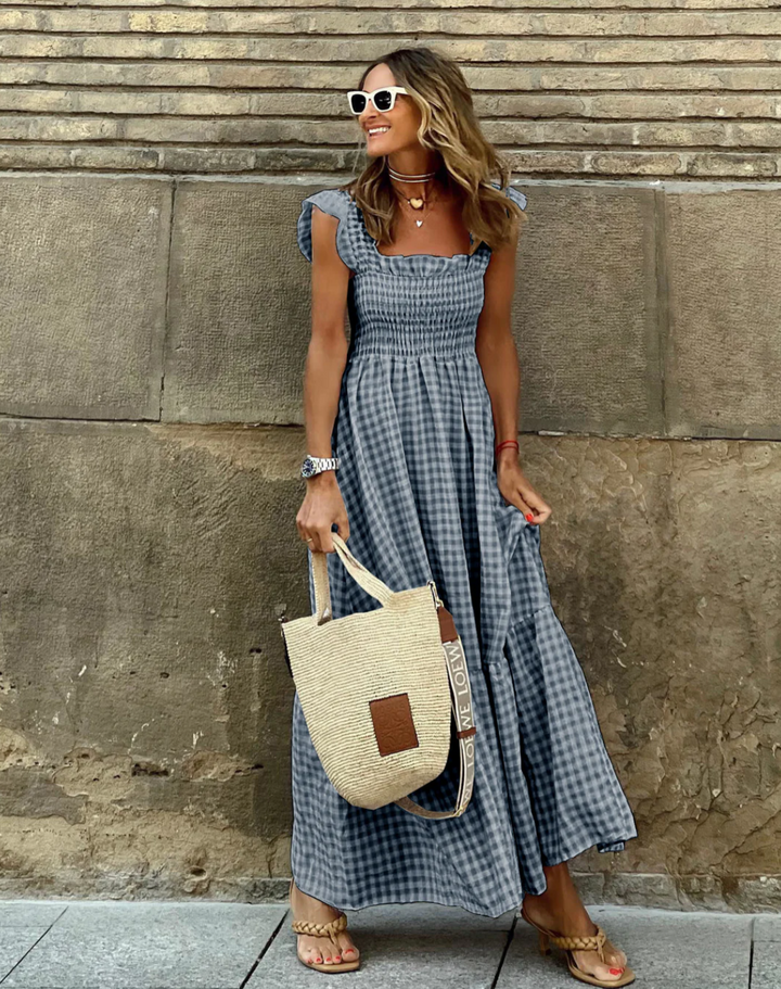 JULIEVEGA - VESTIDO LARGO CON MANGAS VOLANTES Y CUADROS