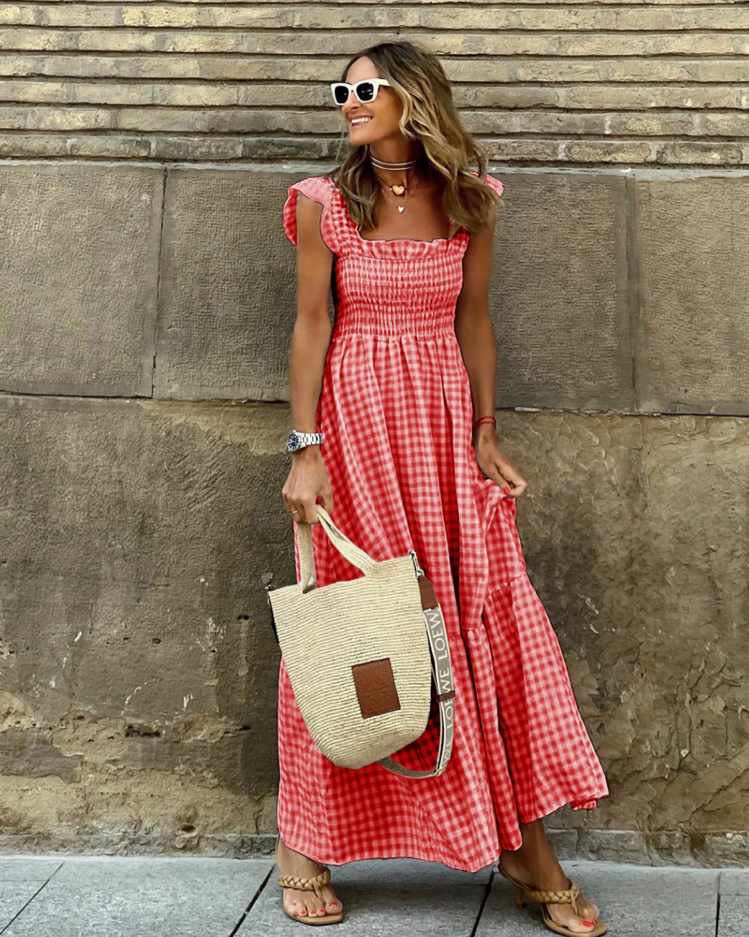 JULIEVEGA - VESTIDO LARGO CON MANGAS VOLANTES Y CUADROS