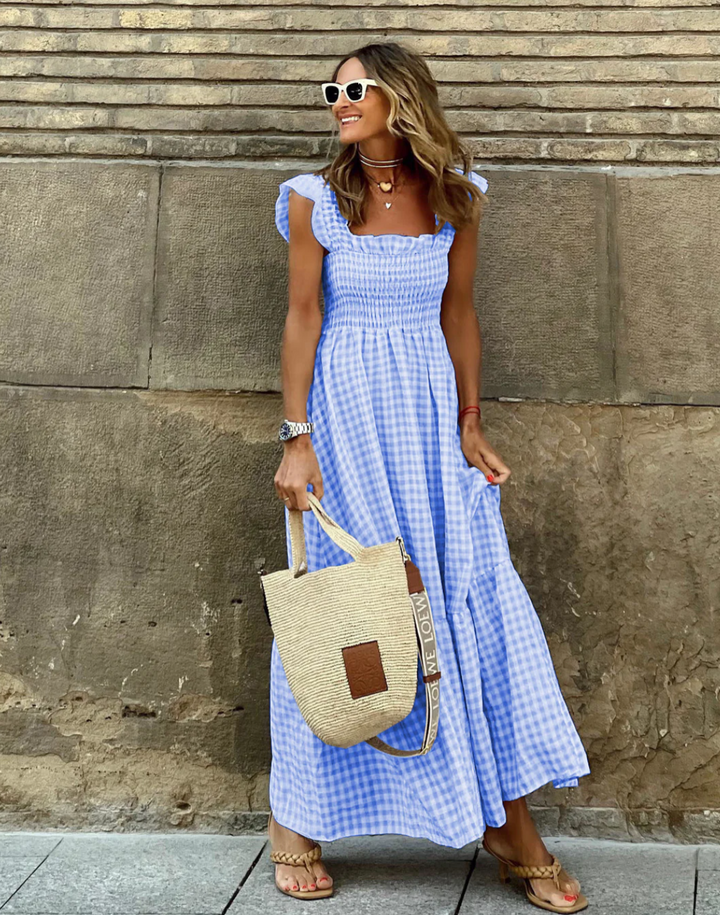 JULIEVEGA - VESTIDO LARGO CON MANGAS VOLANTES Y CUADROS