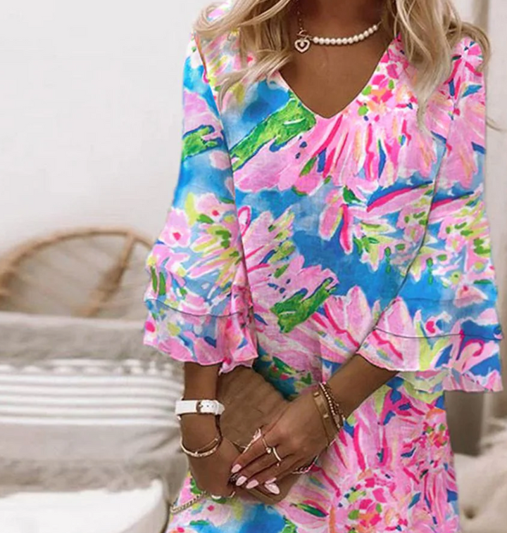 Vestido Mini Dulce Rosa con Mangas Campana