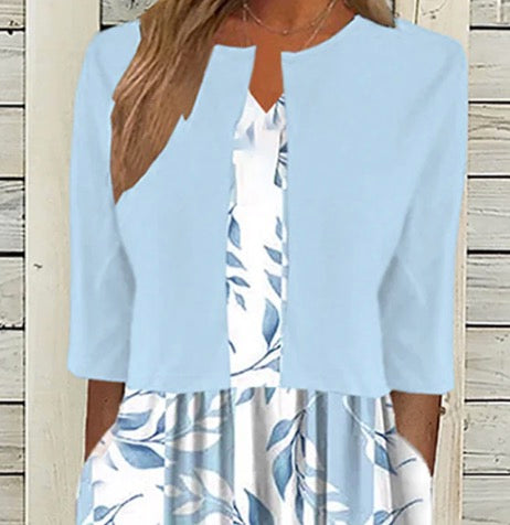 Vestido Midi Único con Estampado Azul de Plantas con Chaqueta