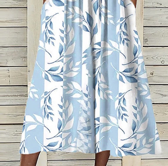 Vestido Midi Único con Estampado Azul de Plantas con Chaqueta