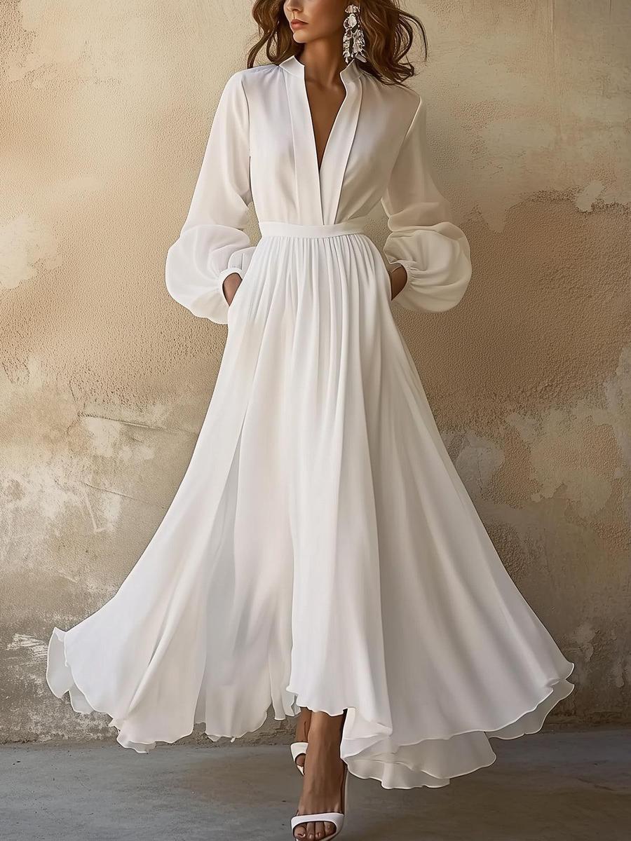 Vestido Maxi Vintage Blanco Liso con Escote en V