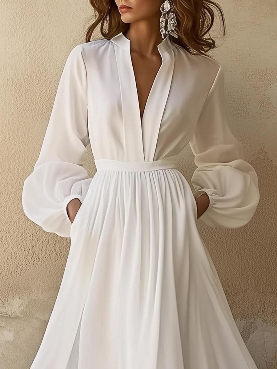 Vestido Maxi Vintage Blanco Liso con Escote en V