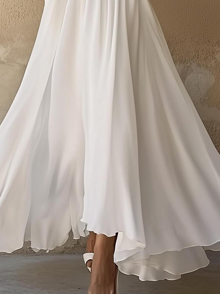 Vestido Maxi Vintage Blanco Liso con Escote en V