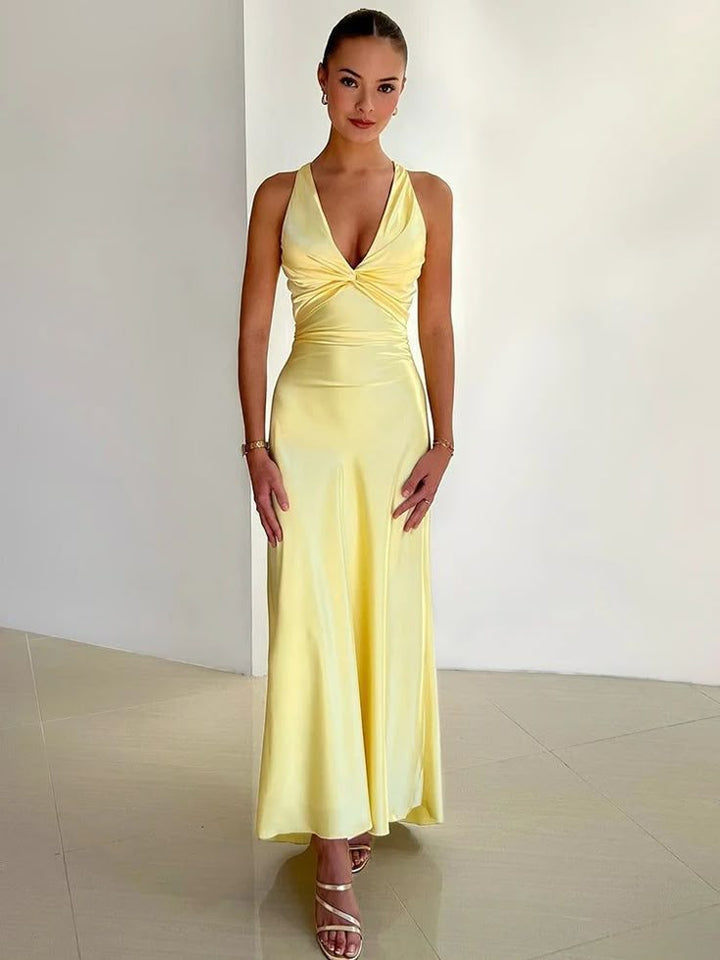 Rosalyn - Vestido Maxi de Satén con Escote en V, Lazo y Espalda Descubierta