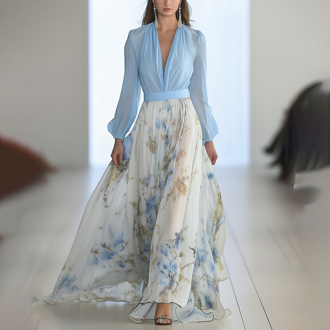 Impresionante Vestido Maxi con Escote en V y Estampado Floral
