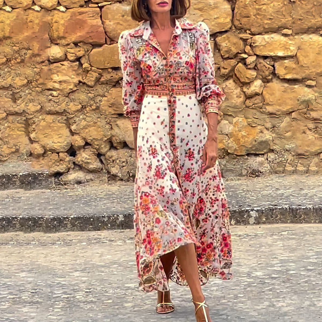 SYLVIANE - VESTIDO FLORAL ELEGANTE DE LARGO COMPLETO CON CUELLO