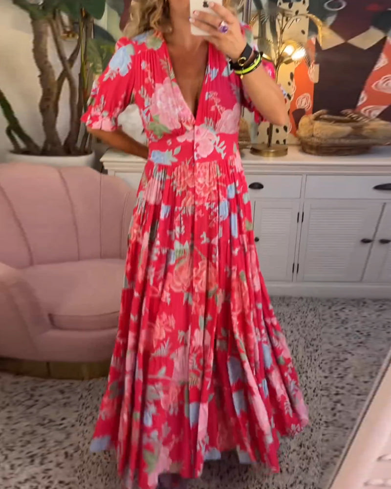 Catrisa™ - Vestido con Bolsillo y Escote en V con Estampado Floral