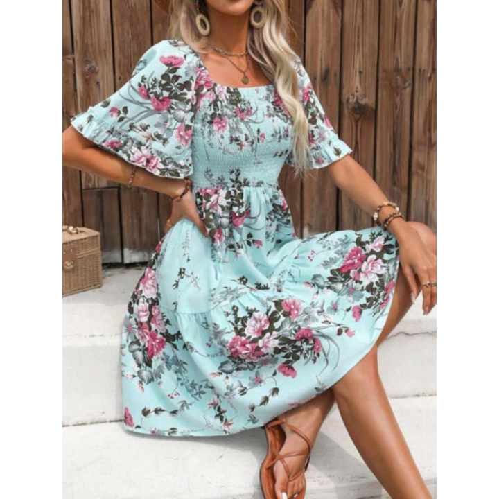 SALVACION – VESTIDO CLÁSICO CON MANGAS ACAMPANADAS Y ESTAMPADO FLORAL