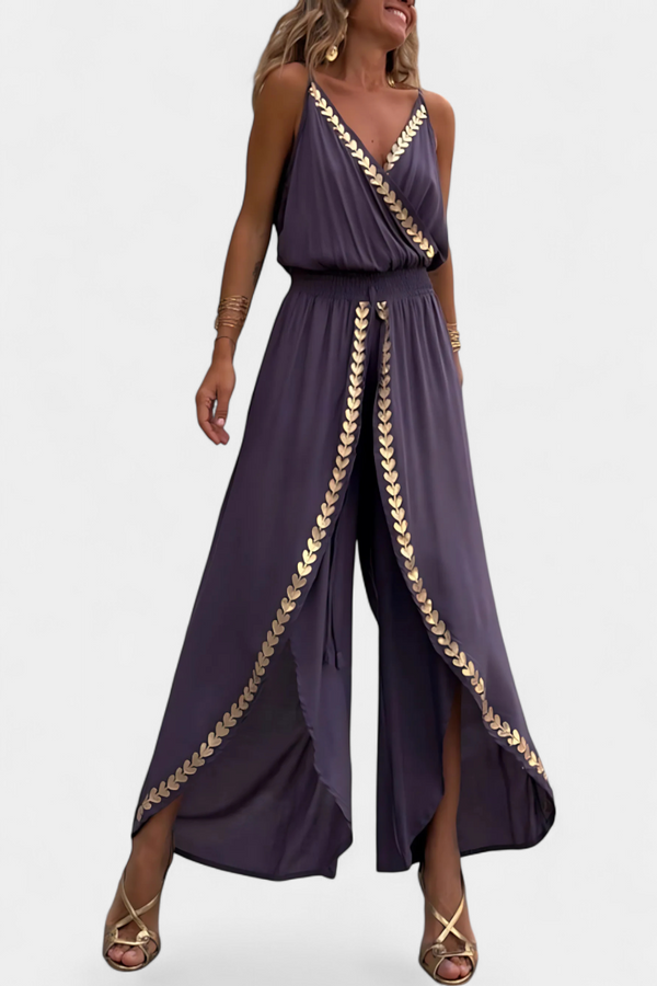DONELLA - MONO ELEGANTE DE PIERNA ANCHA CON ESCOTE EN V Y BORDADO