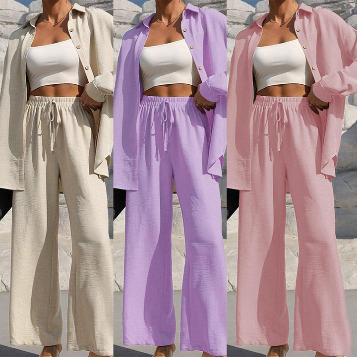 KAMRYN - CONJUNTO CLÁSICO DE CAMISA CON BOTONES Y PANTALÓN DE PIERNA ANCHA
