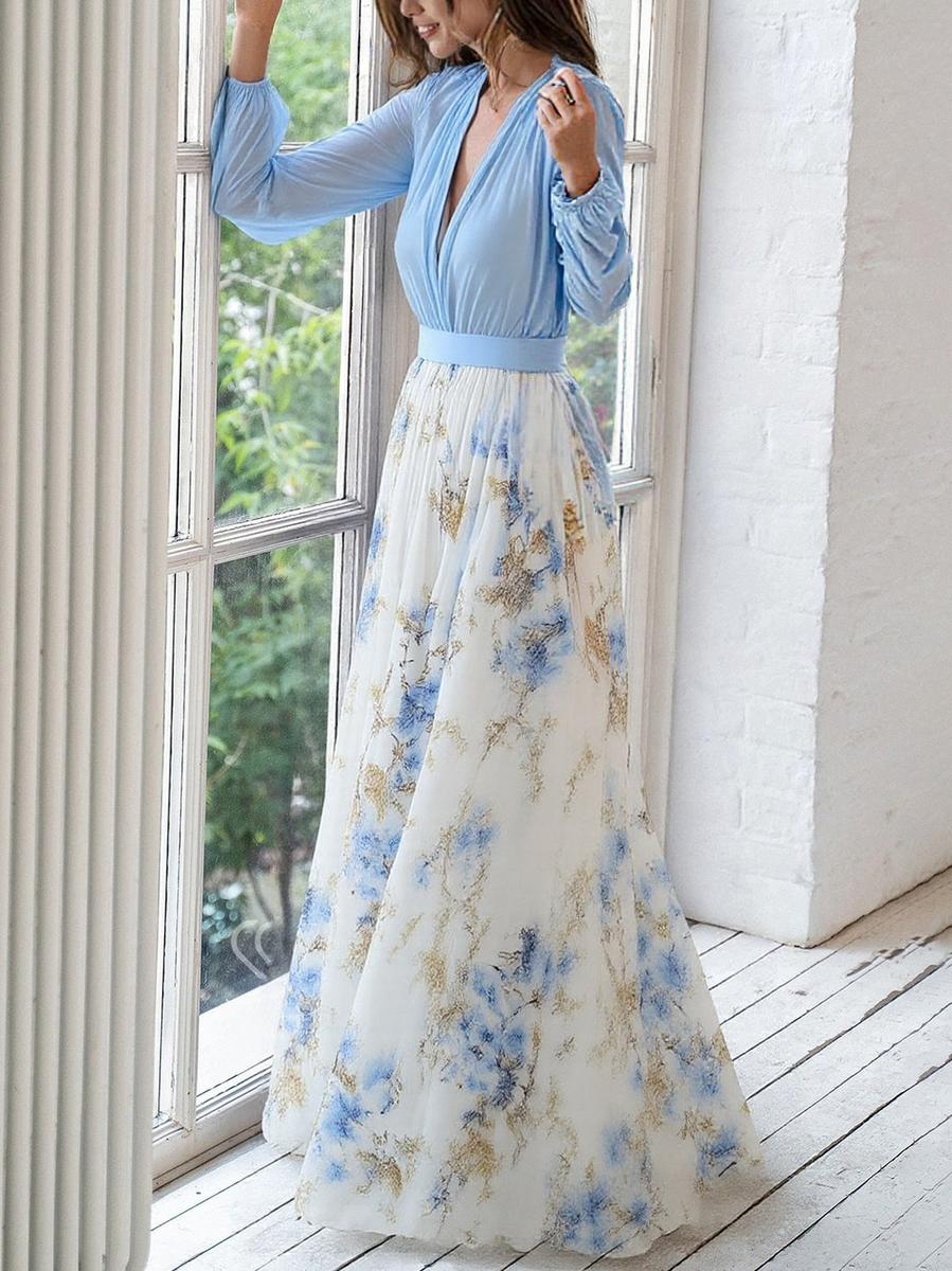 Impresionante Vestido Maxi con Escote en V y Estampado Floral