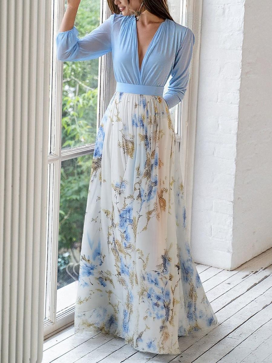 Impresionante Vestido Maxi con Escote en V y Estampado Floral