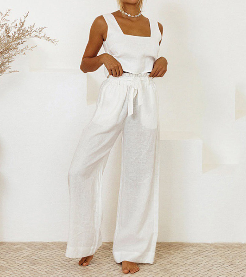 Evelyne | Conjunto de Top Minimalista de Lujo y Pantalones de Pierna Ancha